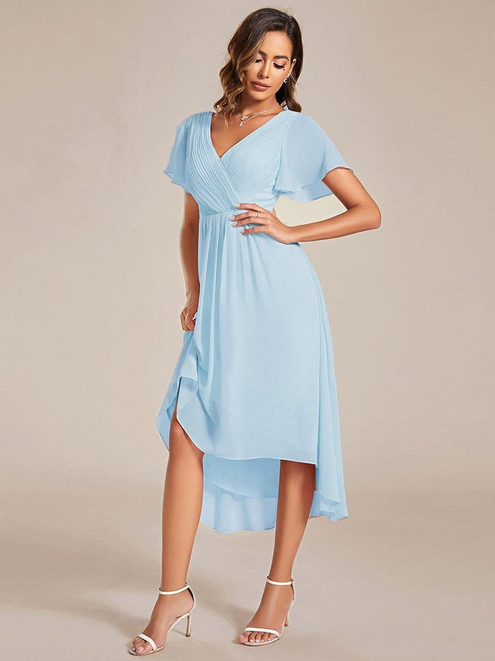 Chiffon High-Low Wedding Guest Dress with V-Neck and Short Sleeves 88