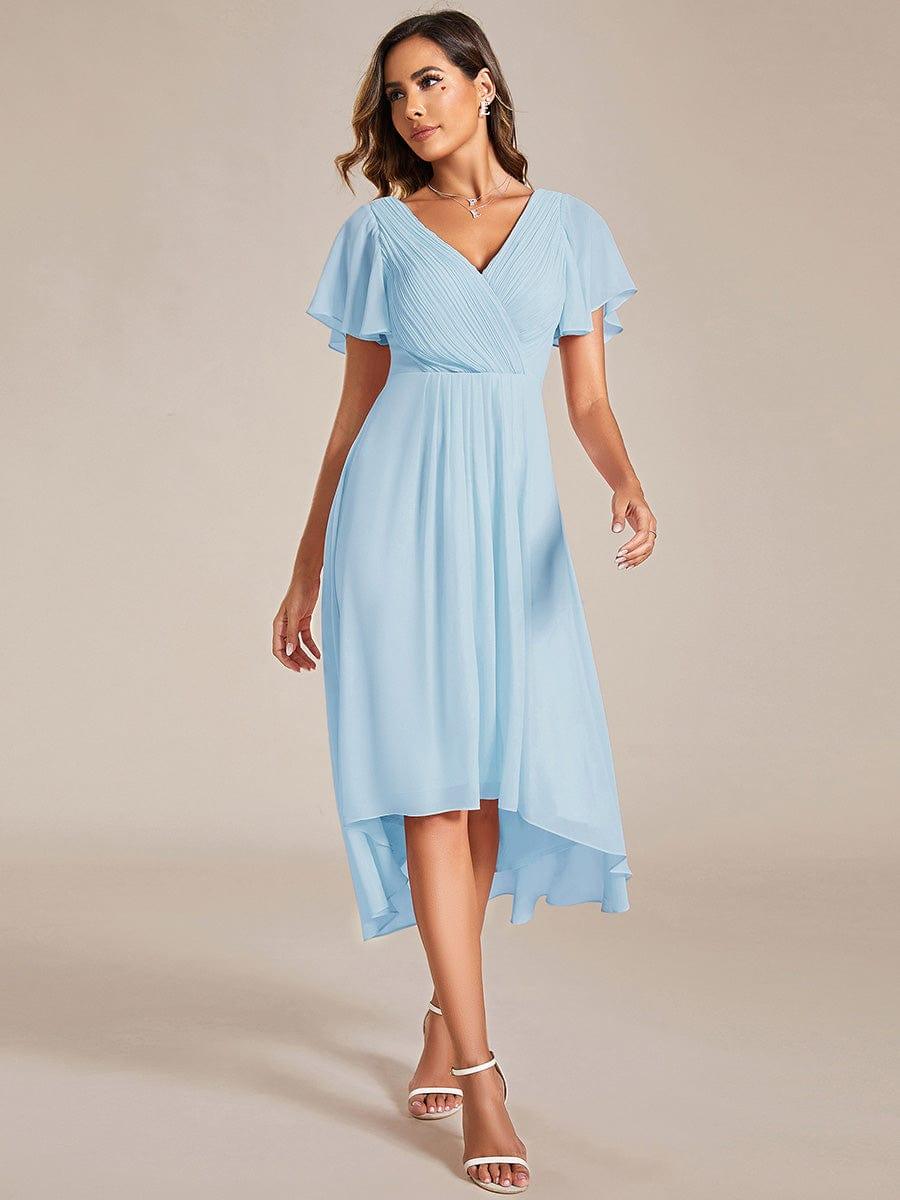 Chiffon High-Low Wedding Guest Dress with V-Neck and Short Sleeves 84