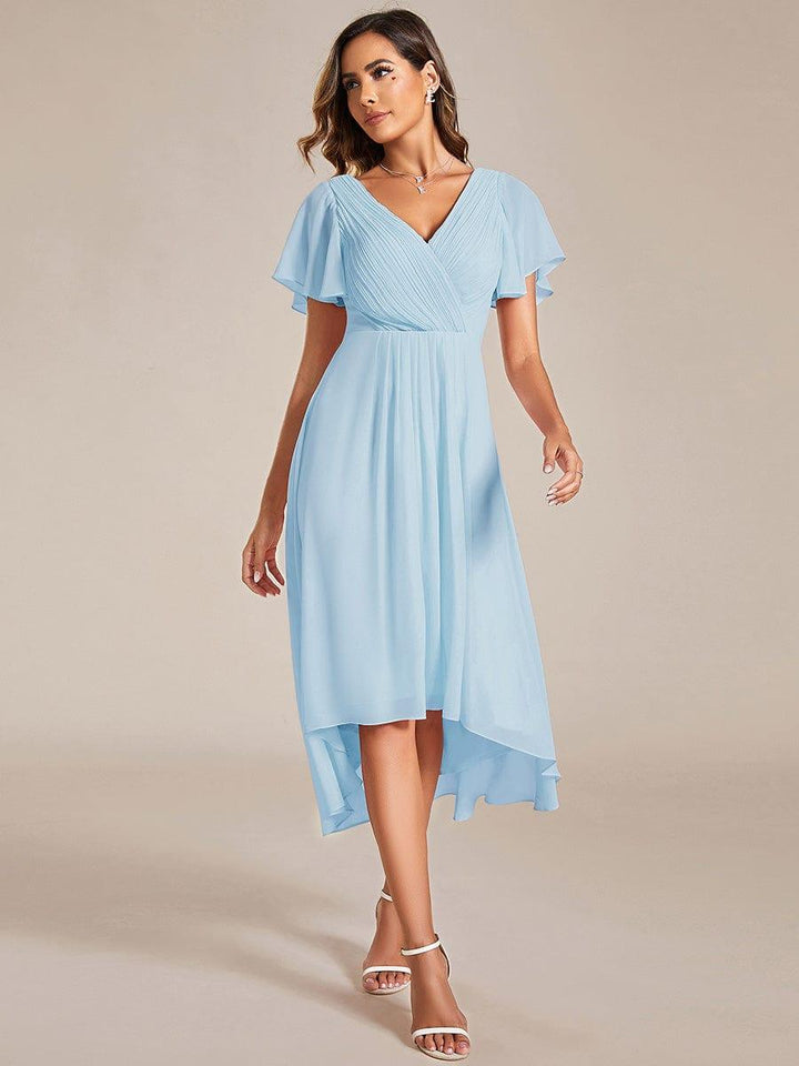 Chiffon High-Low Wedding Guest Dress with V-Neck and Short Sleeves 84