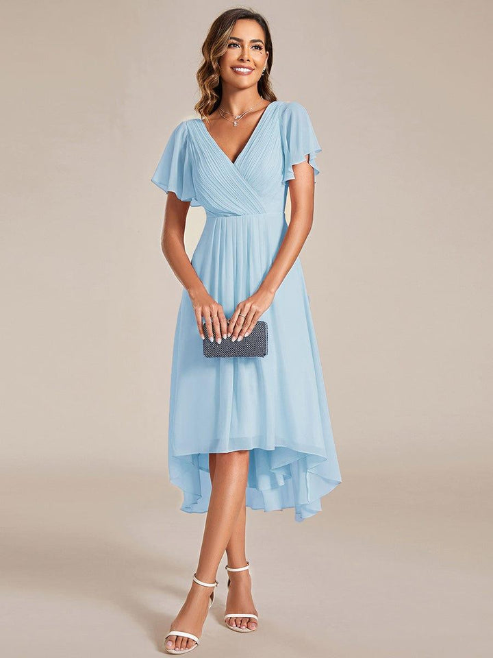 Chiffon High-Low Wedding Guest Dress with V-Neck and Short Sleeves 87