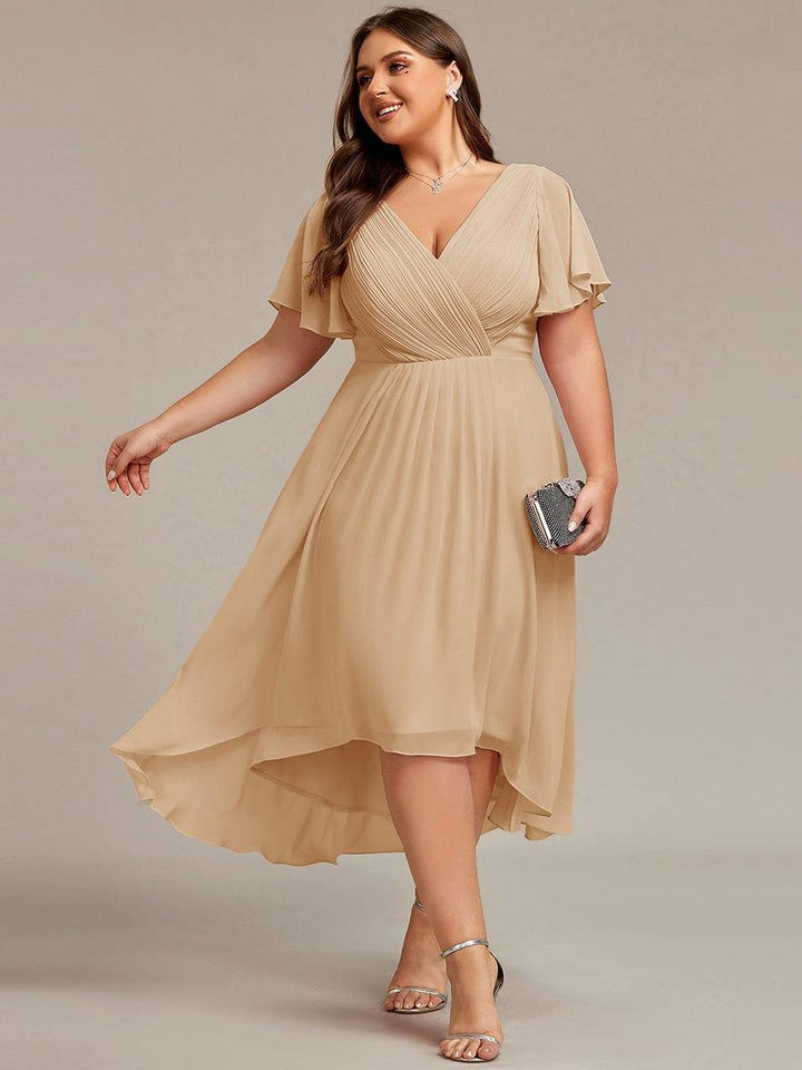Chiffon High-Low Wedding Guest Dress with V-Neck and Short Sleeves 153