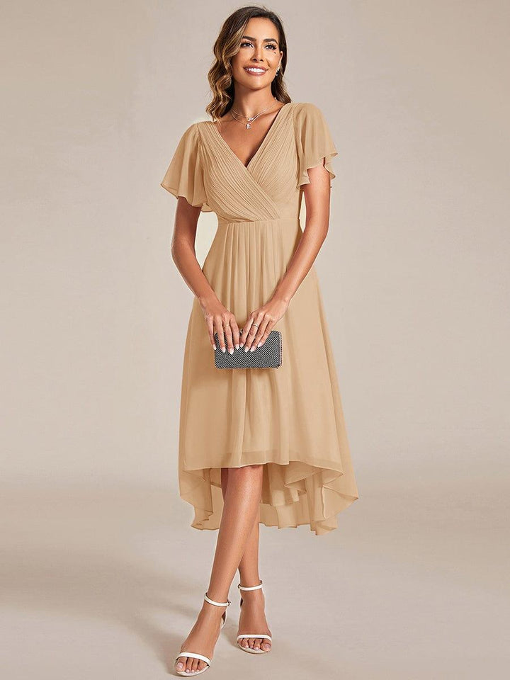 Chiffon High-Low Wedding Guest Dress with V-Neck and Short Sleeves 150