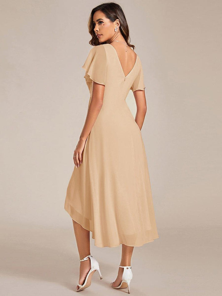 Chiffon High-Low Wedding Guest Dress with V-Neck and Short Sleeves 151