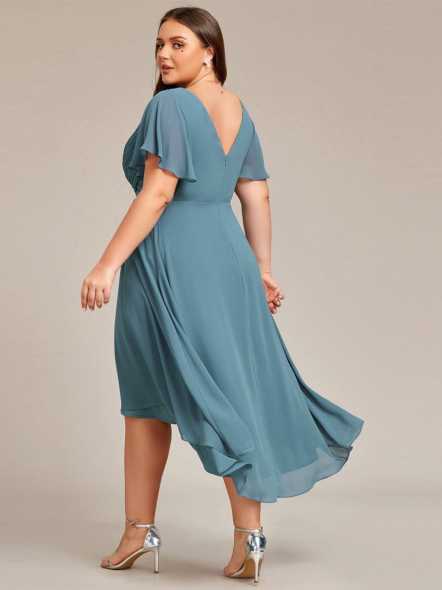 Chiffon High-Low Wedding Guest Dress with V-Neck and Short Sleeves 114