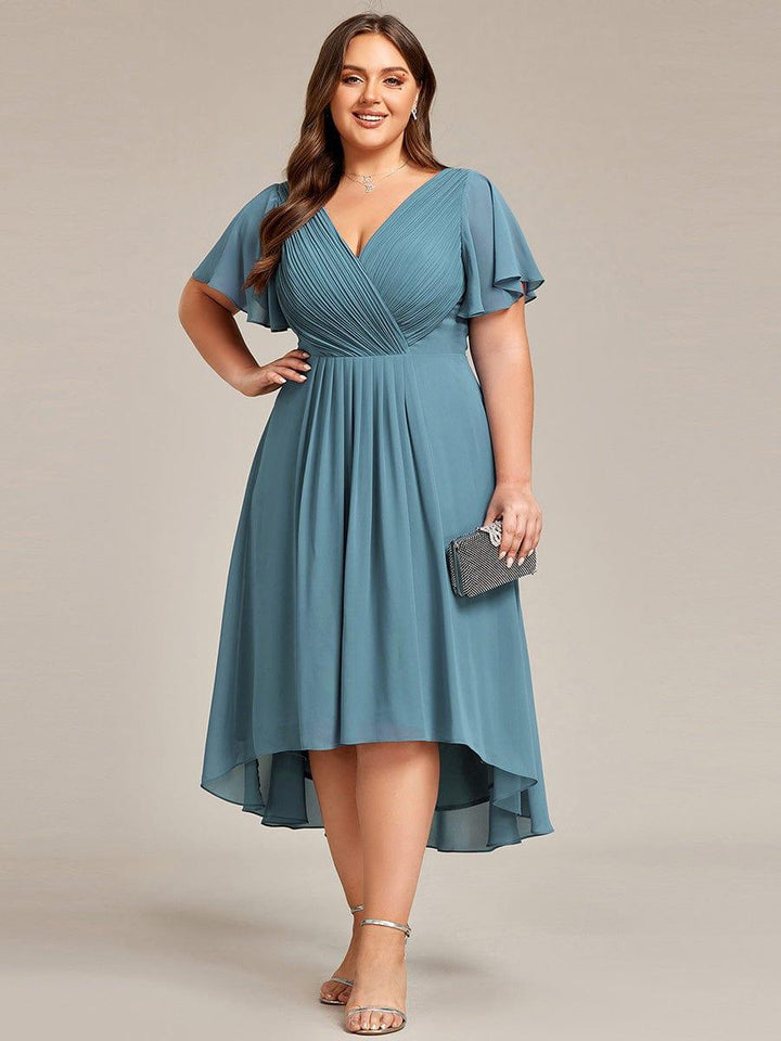 Chiffon High-Low Wedding Guest Dress with V-Neck and Short Sleeves 113