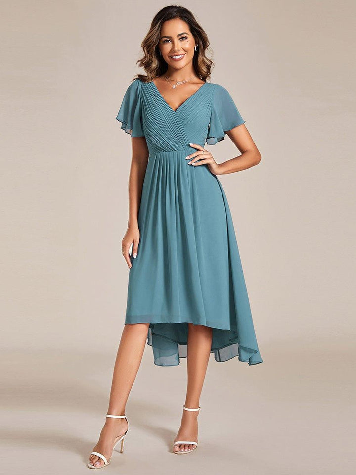 Chiffon High-Low Wedding Guest Dress with V-Neck and Short Sleeves 108