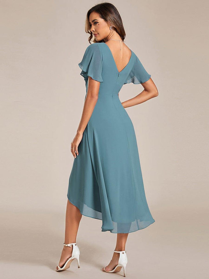 Chiffon High-Low Wedding Guest Dress with V-Neck and Short Sleeves 109