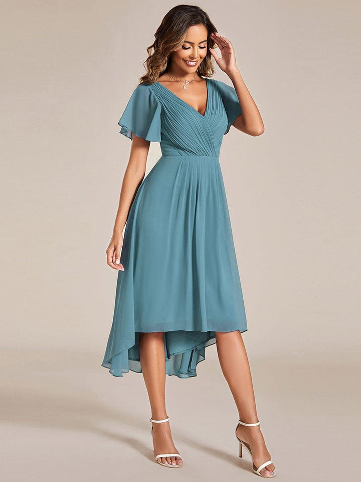 Chiffon High-Low Wedding Guest Dress with V-Neck and Short Sleeves 112
