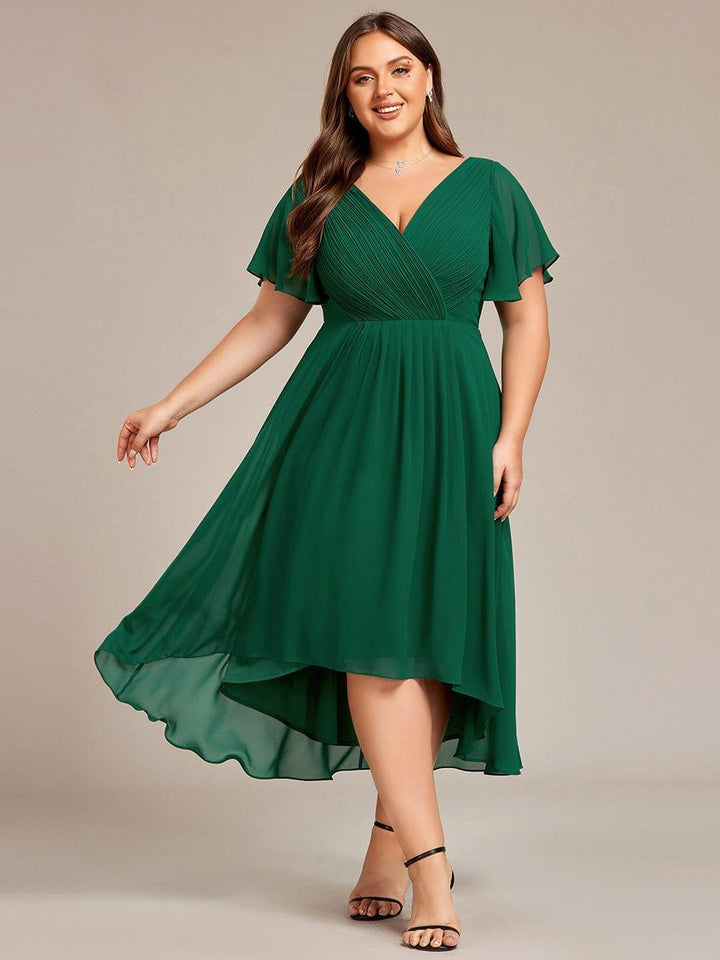 Chiffon High-Low Wedding Guest Dress with V-Neck and Short Sleeves 36