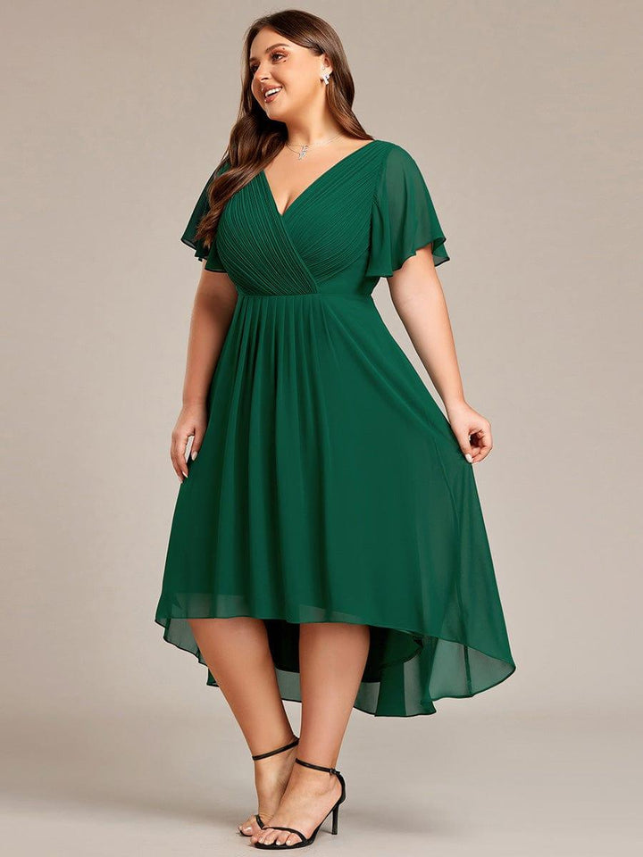 Chiffon High-Low Wedding Guest Dress with V-Neck and Short Sleeves 39