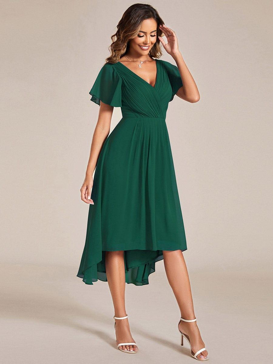 Chiffon High-Low Wedding Guest Dress with V-Neck and Short Sleeves 14
