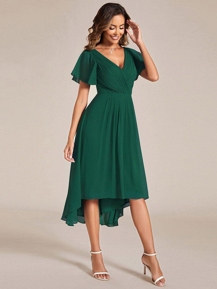 Chiffon High-Low Wedding Guest Dress with V-Neck and Short Sleeves 14