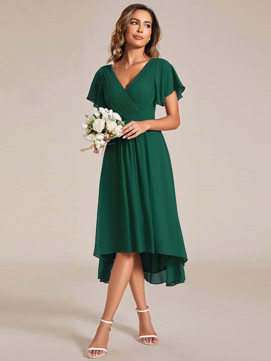 Chiffon High-Low Wedding Guest Dress with V-Neck and Short Sleeves 13