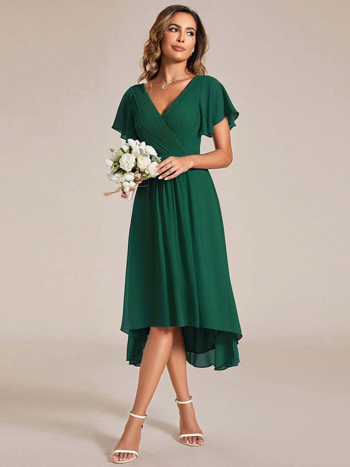 Chiffon High-Low Wedding Guest Dress with V-Neck and Short Sleeves 13