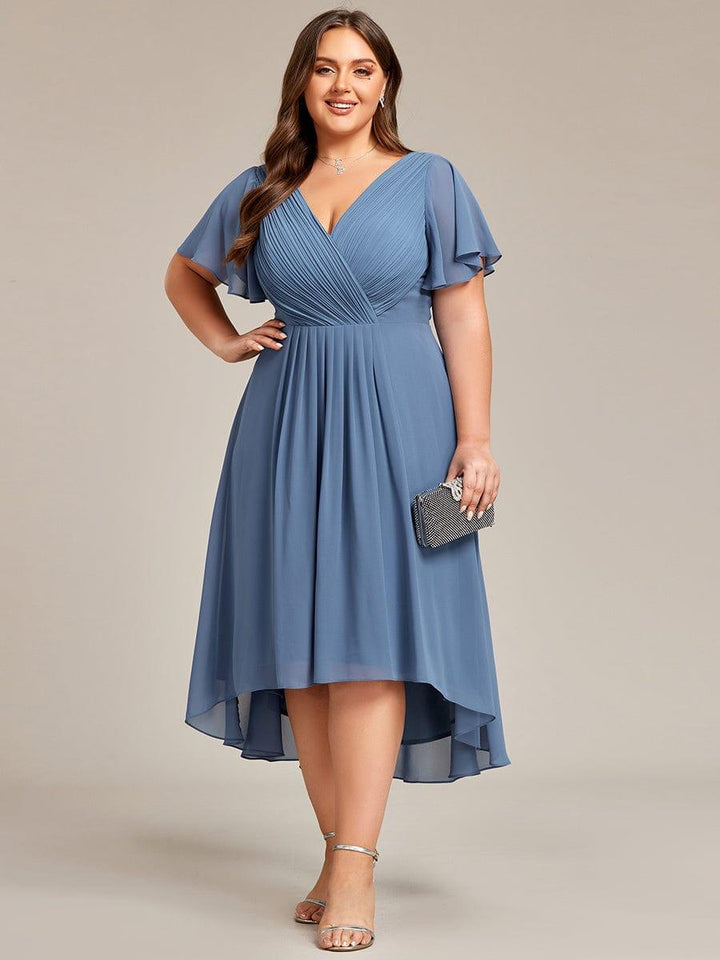 Chiffon High-Low Wedding Guest Dress with V-Neck and Short Sleeves 44