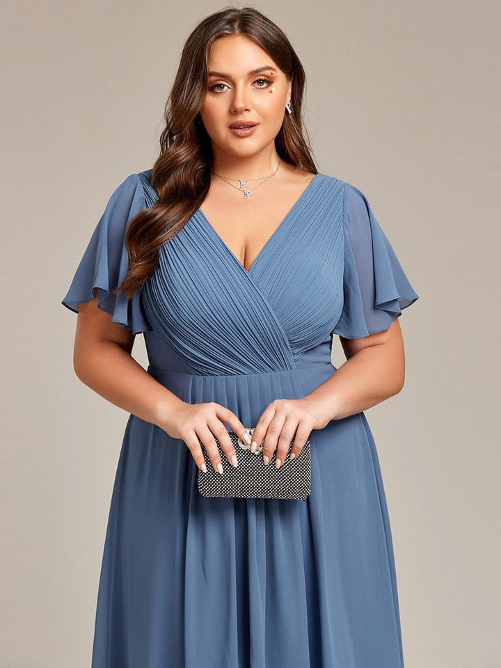 Chiffon High-Low Wedding Guest Dress with V-Neck and Short Sleeves 43