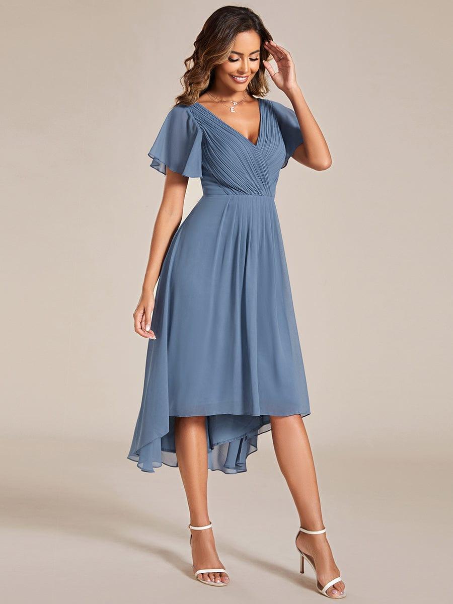 Chiffon High-Low Wedding Guest Dress with V-Neck and Short Sleeves 9