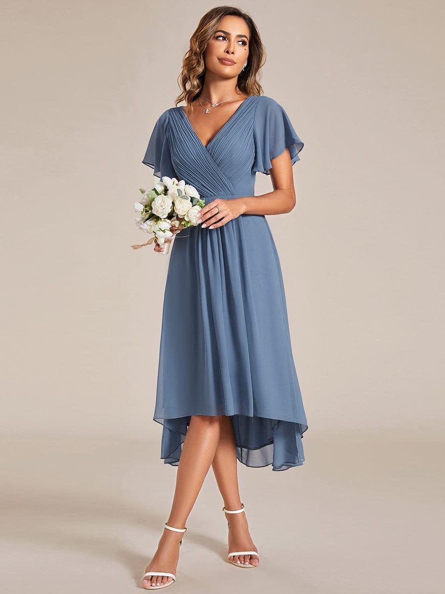 Chiffon High-Low Wedding Guest Dress with V-Neck and Short Sleeves 8