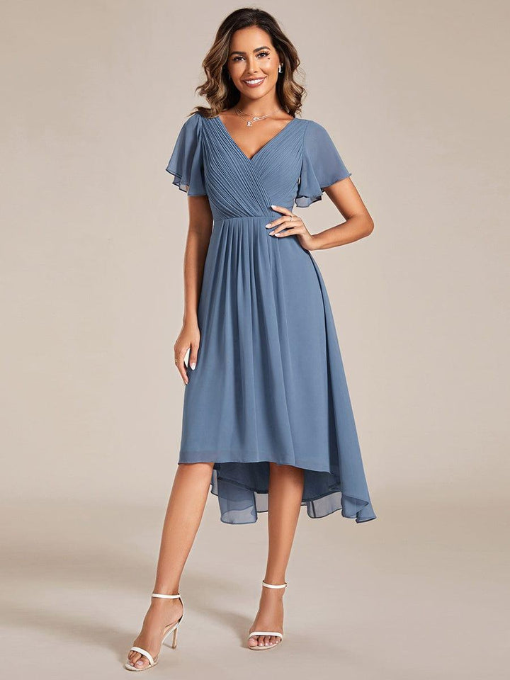 Chiffon High-Low Wedding Guest Dress with V-Neck and Short Sleeves 5