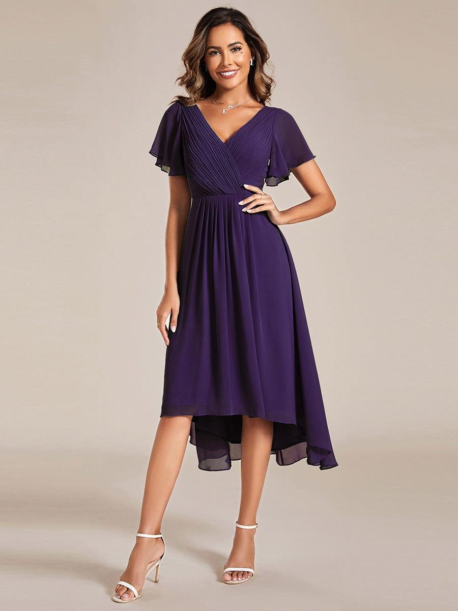 Chiffon High-Low Wedding Guest Dress with V-Neck and Short Sleeves 120