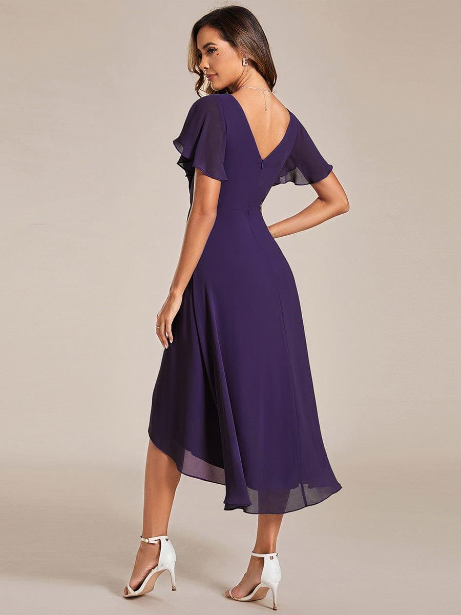 Chiffon High-Low Wedding Guest Dress with V-Neck and Short Sleeves 117