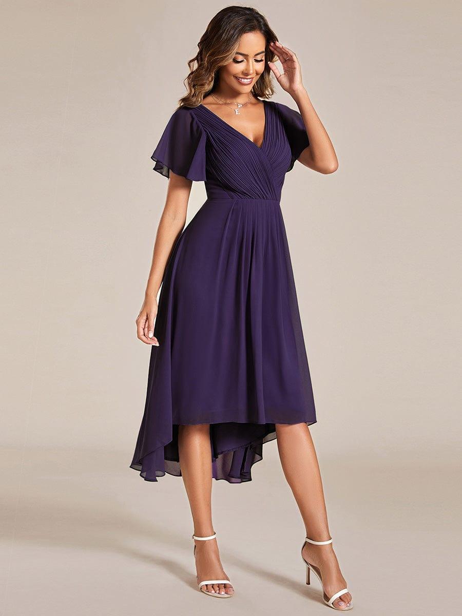 Chiffon High-Low Wedding Guest Dress with V-Neck and Short Sleeves 116