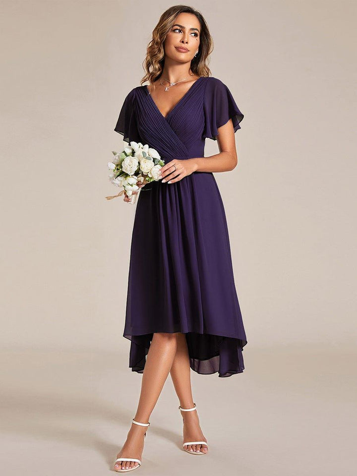 Chiffon High-Low Wedding Guest Dress with V-Neck and Short Sleeves 119