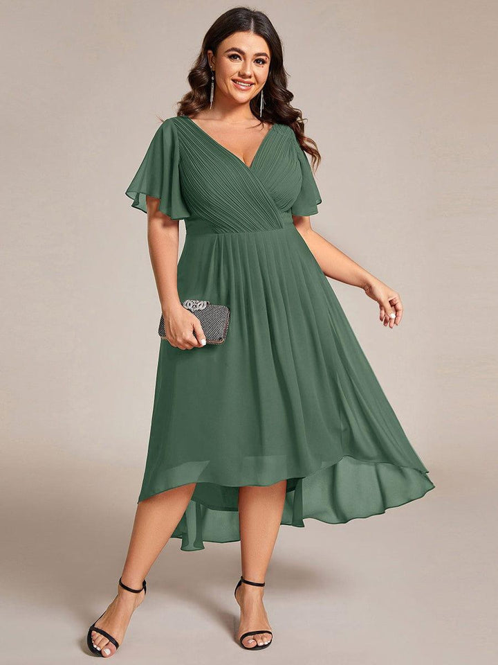 Chiffon High-Low Wedding Guest Dress with V-Neck and Short Sleeves 147