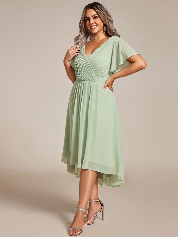 Chiffon High-Low Wedding Guest Dress with V-Neck and Short Sleeves 81