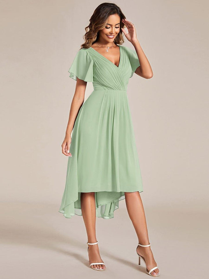 Chiffon High-Low Wedding Guest Dress with V-Neck and Short Sleeves 80