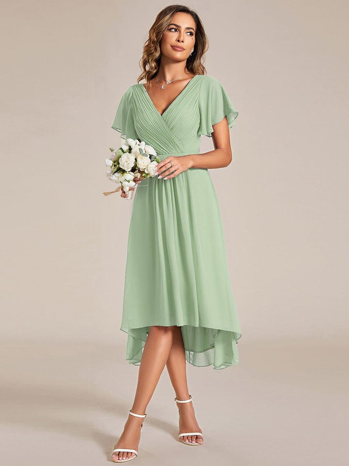 Chiffon High-Low Wedding Guest Dress with V-Neck and Short Sleeves 79