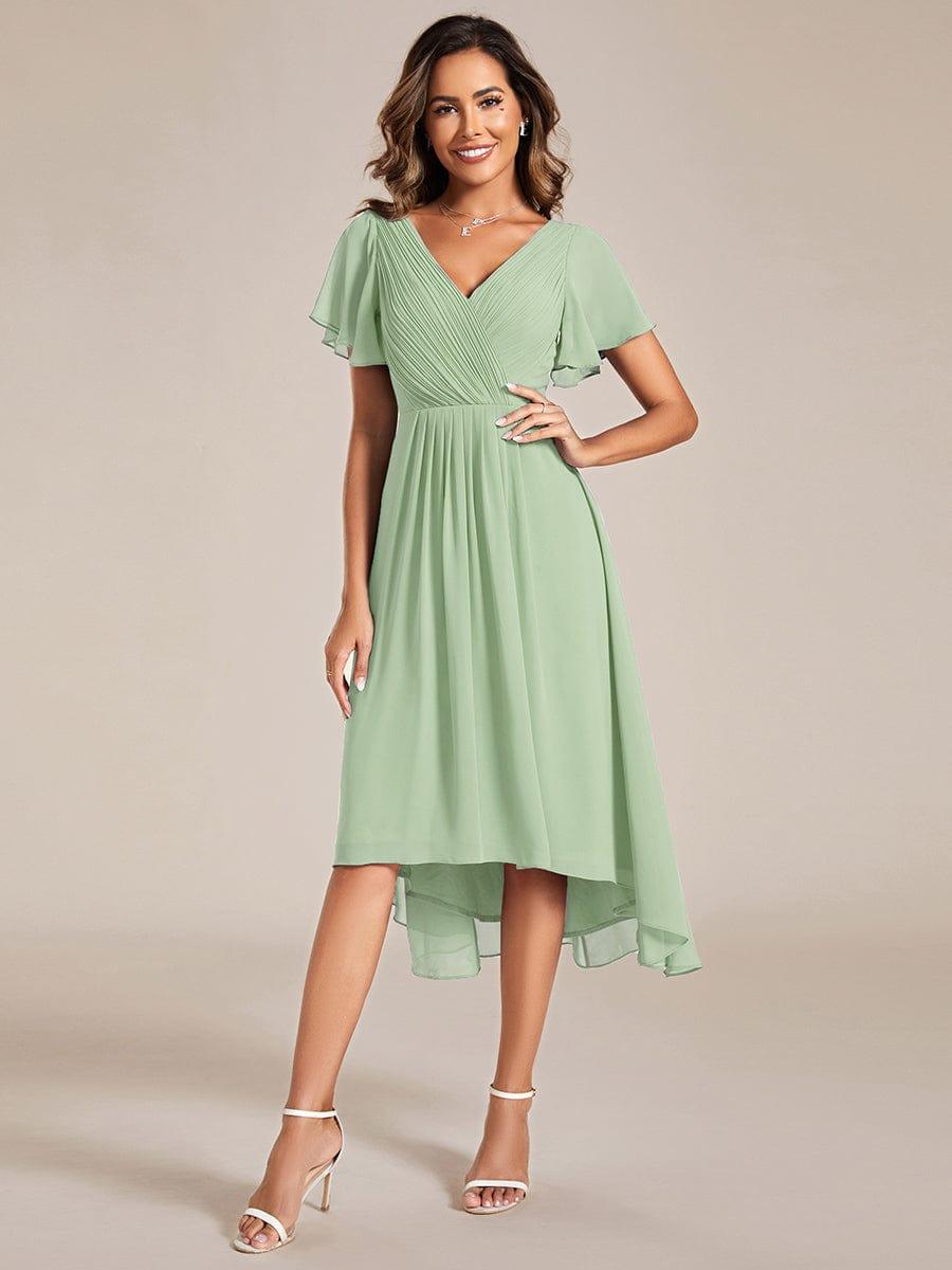 Chiffon High-Low Wedding Guest Dress with V-Neck and Short Sleeves 76