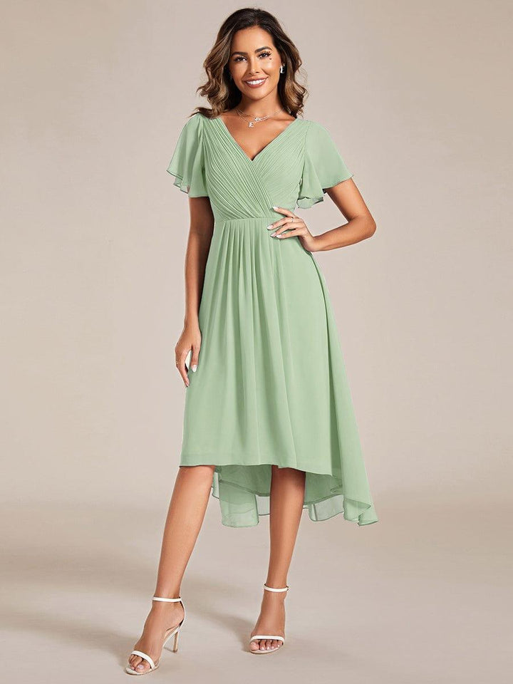 Chiffon High-Low Wedding Guest Dress with V-Neck and Short Sleeves 76