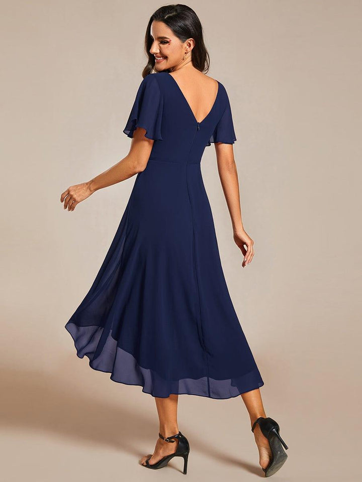 Chiffon High-Low Wedding Guest Dress with V-Neck and Short Sleeves 2