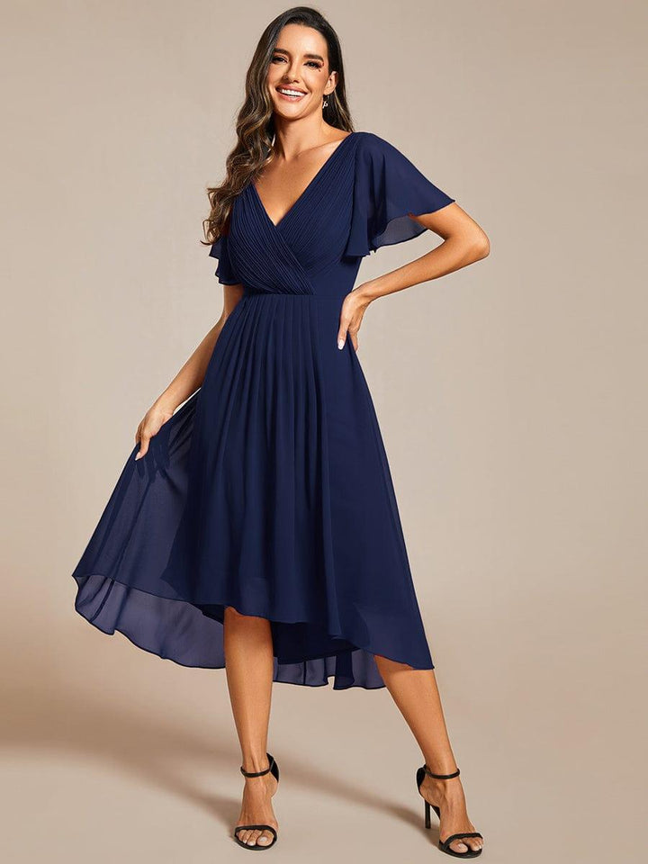 Chiffon High-Low Wedding Guest Dress with V-Neck and Short Sleeves 54