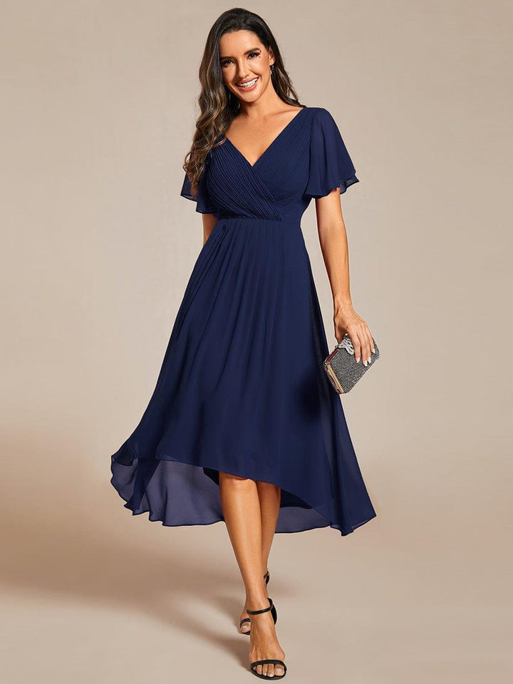 Chiffon High-Low Wedding Guest Dress with V-Neck and Short Sleeves 1
