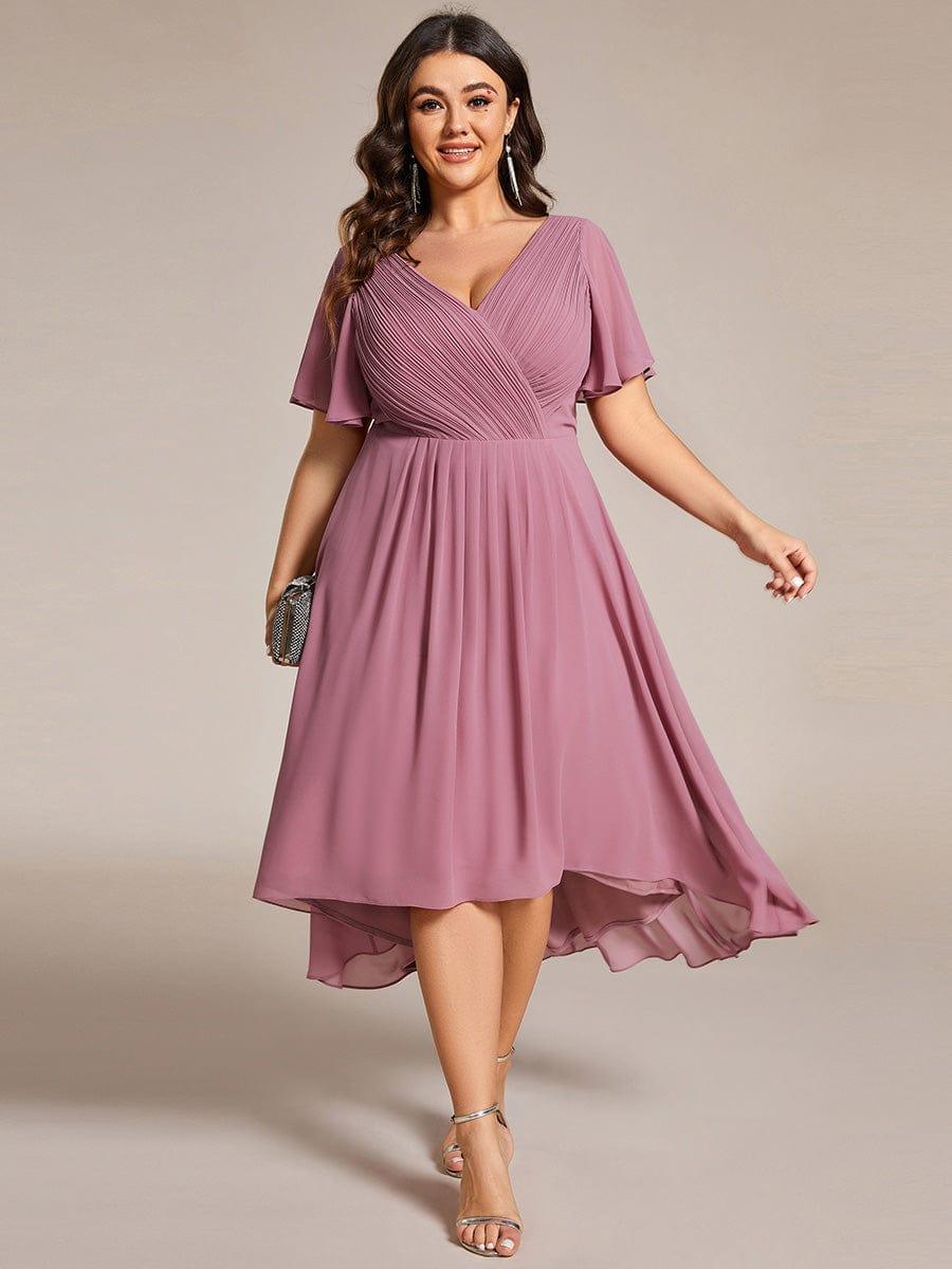 Chiffon High-Low Wedding Guest Dress with V-Neck and Short Sleeves 63