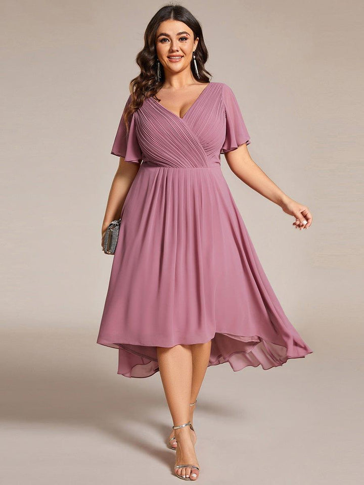 Chiffon High-Low Wedding Guest Dress with V-Neck and Short Sleeves 63