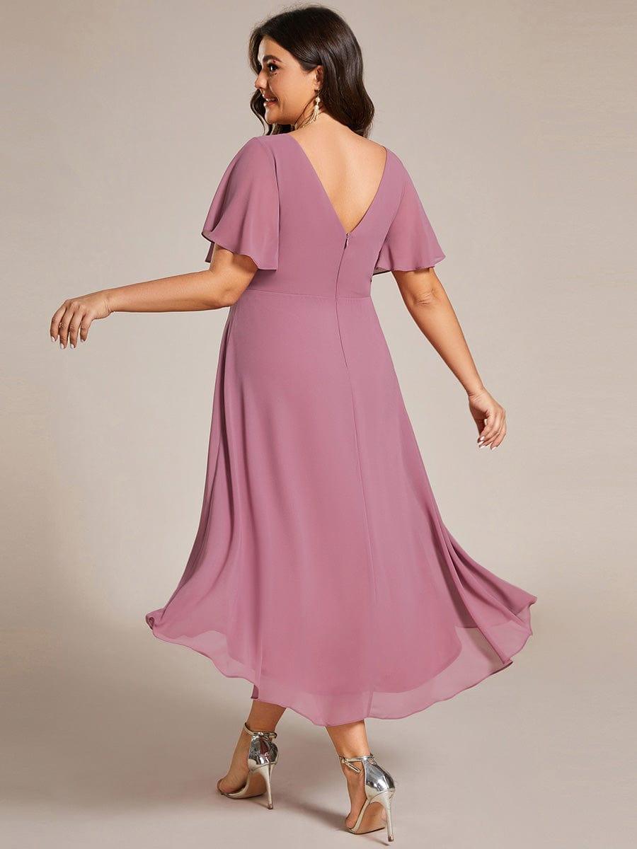 Chiffon High-Low Wedding Guest Dress with V-Neck and Short Sleeves 64