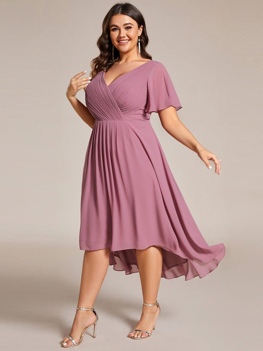 Chiffon High-Low Wedding Guest Dress with V-Neck and Short Sleeves 67