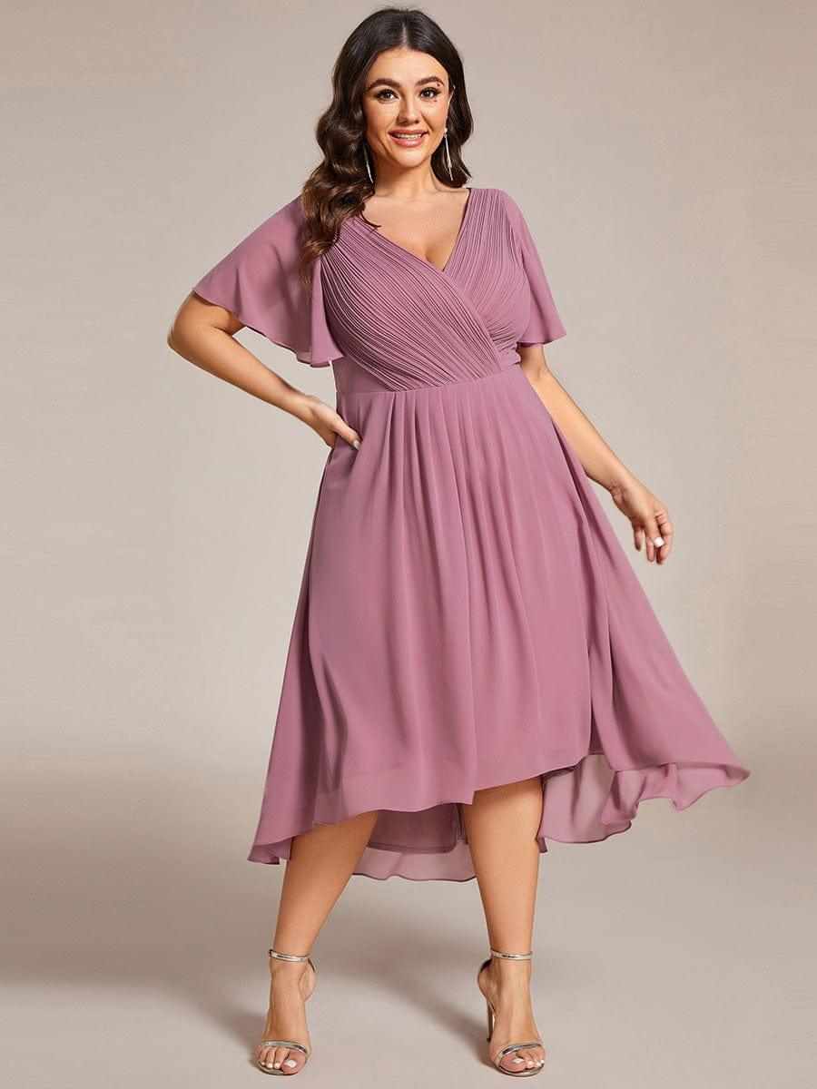 Chiffon High-Low Wedding Guest Dress with V-Neck and Short Sleeves 66