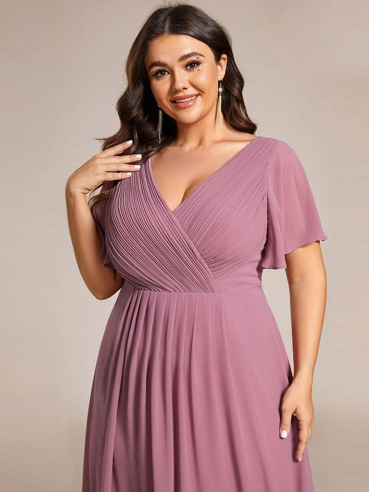 Chiffon High-Low Wedding Guest Dress with V-Neck and Short Sleeves 65