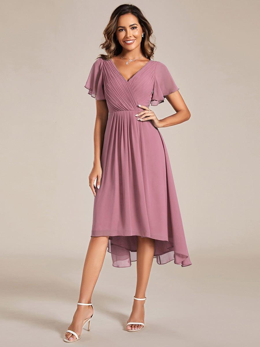 Chiffon High-Low Wedding Guest Dress with V-Neck and Short Sleeves 58
