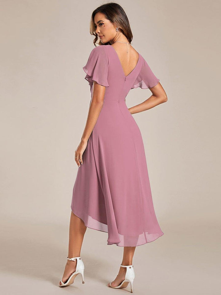 Chiffon High-Low Wedding Guest Dress with V-Neck and Short Sleeves 59