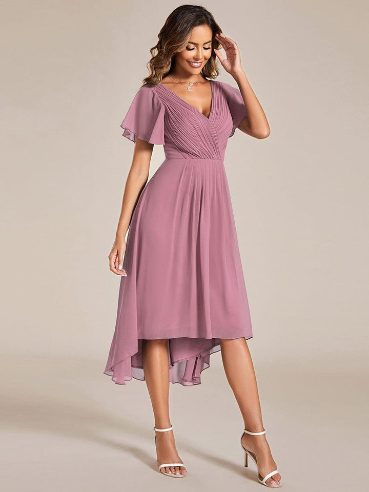 Chiffon High-Low Wedding Guest Dress with V-Neck and Short Sleeves 62