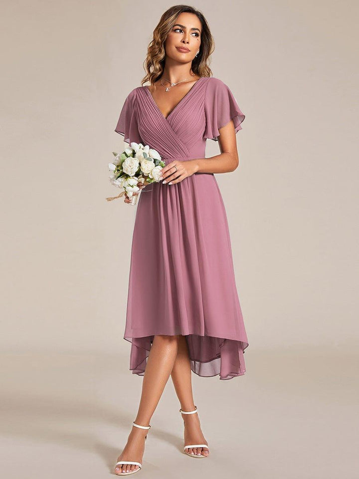 Chiffon High-Low Wedding Guest Dress with V-Neck and Short Sleeves 60