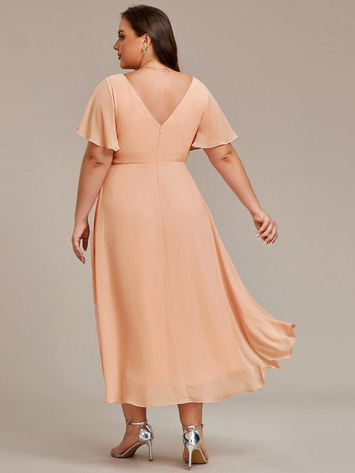 Chiffon High-Low Wedding Guest Dress with V-Neck and Short Sleeves 140