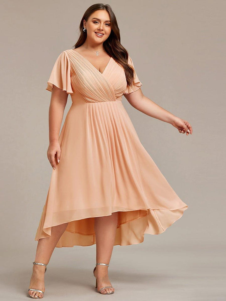 Chiffon High-Low Wedding Guest Dress with V-Neck and Short Sleeves 142