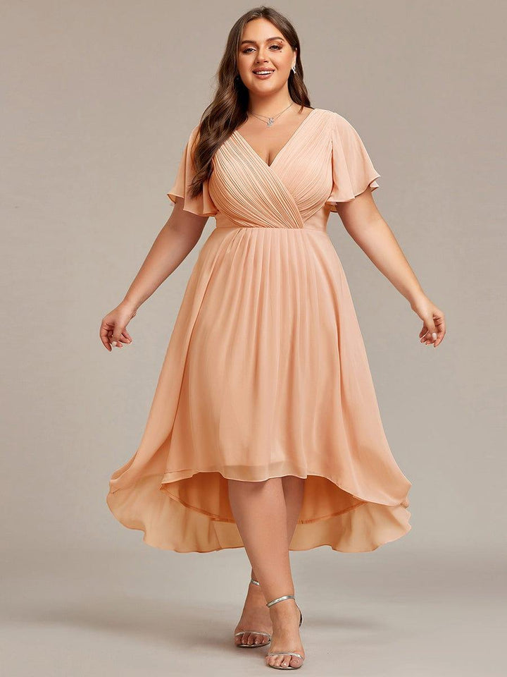 Chiffon High-Low Wedding Guest Dress with V-Neck and Short Sleeves 143