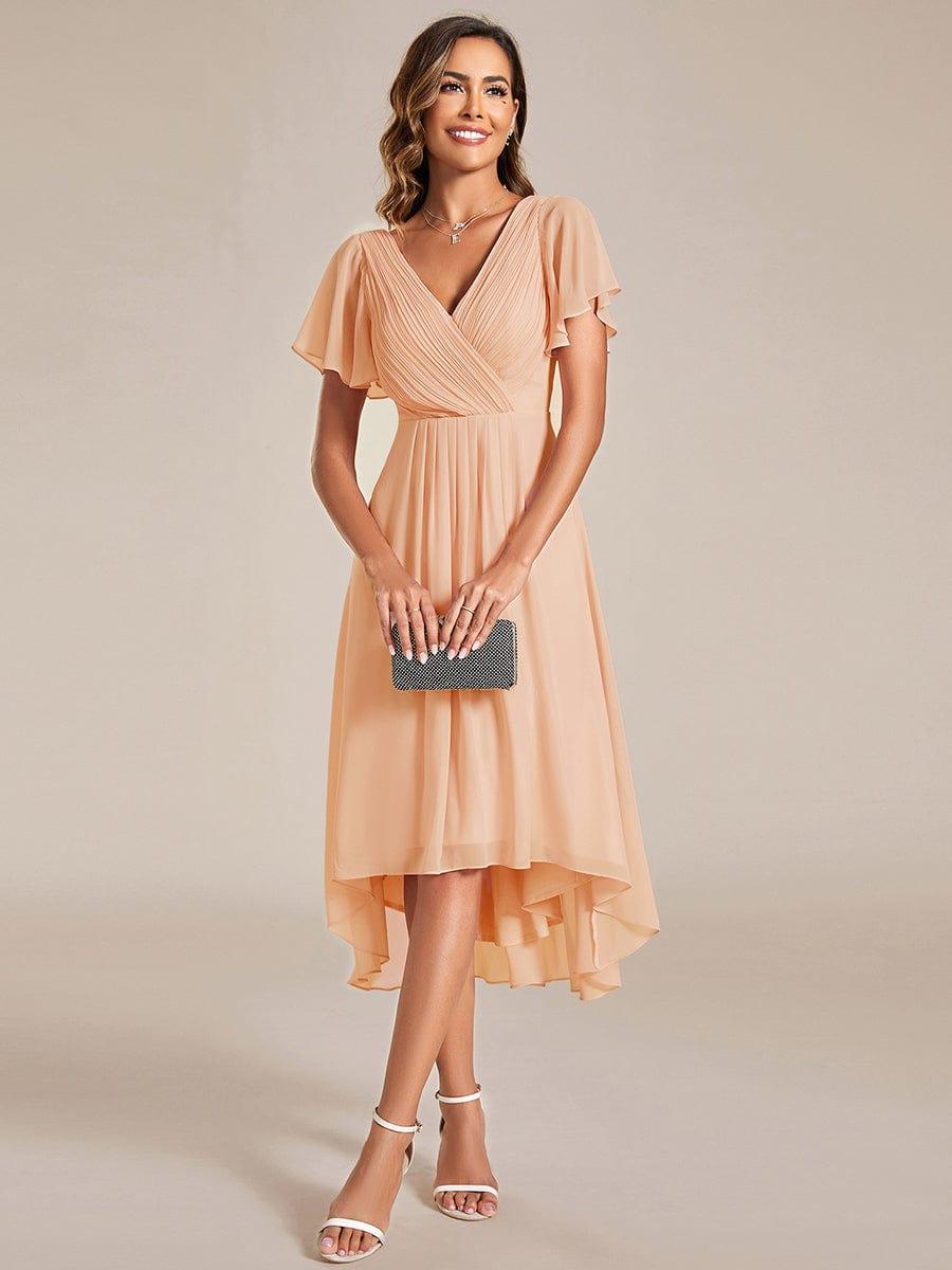 Chiffon High-Low Wedding Guest Dress with V-Neck and Short Sleeves 134